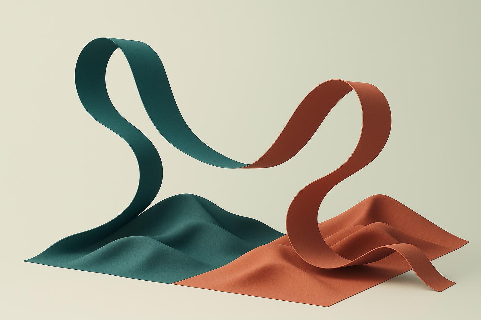 Abstract teal and terracotta flowing ribbons over soft dunes